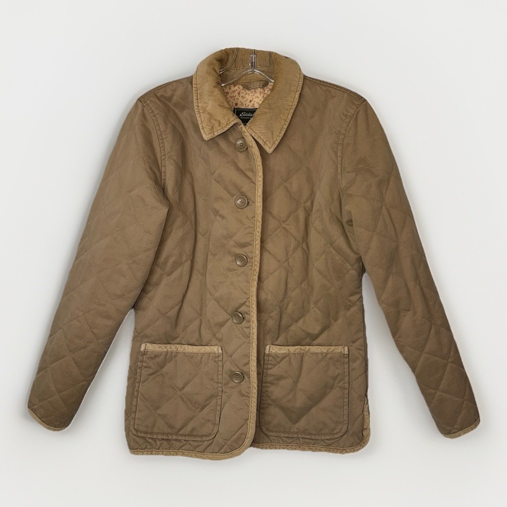 Eddie Bauer Quilted Barn Jacket Womens Small Tan Corduroy Collar Cottagecore